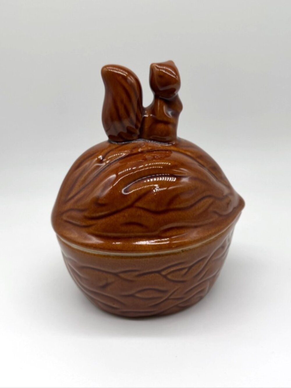 Ceramic Squirrel Covered Dish Brown Glaze Nut Bowl Woodland Decor Vintage